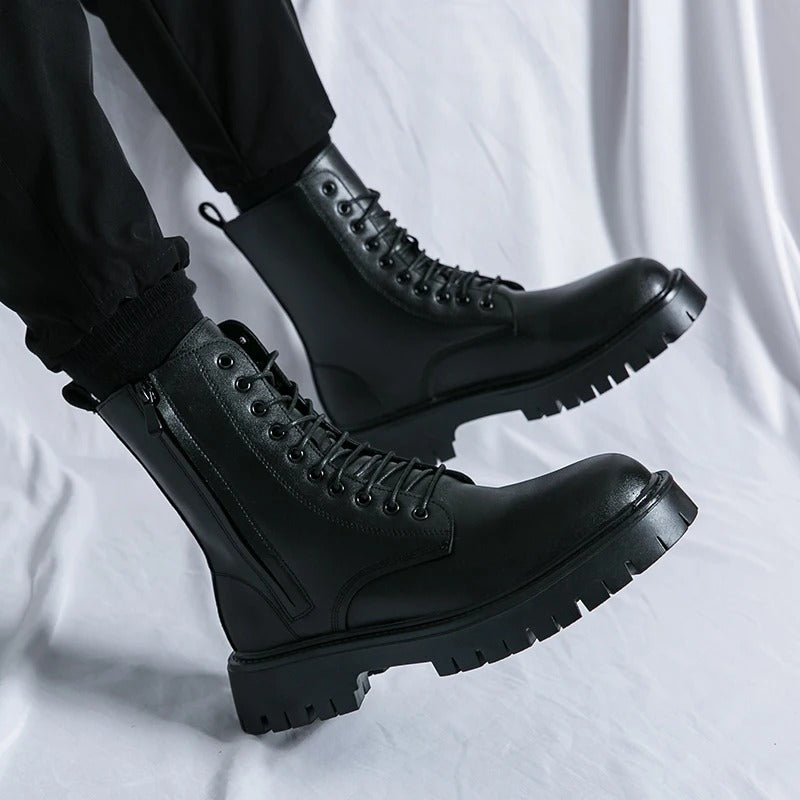 Leather Lace-Up Ankle Boots with Side Zipper and Platform Sole