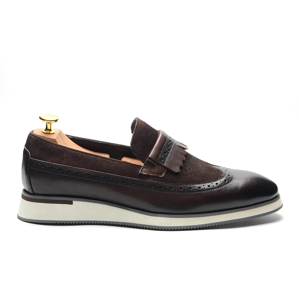 Smart Casual Wingtip Loafers with Fringed Strap and Lifted Hybrid Sole
